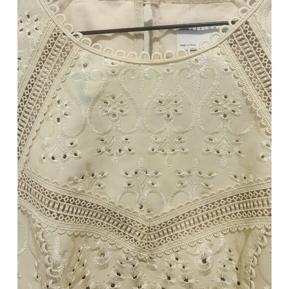 Ivory Cream Embroidered  Balloon Sleeves Lined Statement Dress Womens Size 10 - Picture 12 of 16